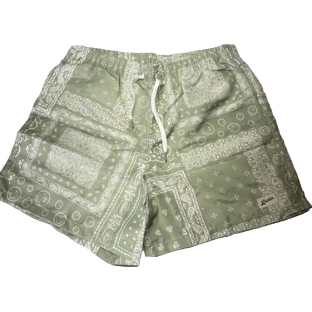 NEW BATHER Mens Shorts Green/White Size L Paisley Lined Swim Trunks